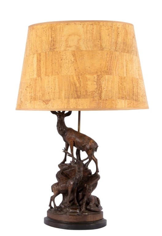 ANTIQUE BLACK FOREST STAG TABLE LAMP: Antique Black Forest stag table lamp. Approximate dimensions: h. 30", w. 20", d. 14" Disclaimer: Participating bidders must have a credit card on file with LiveAuctioneers in order for their bidding