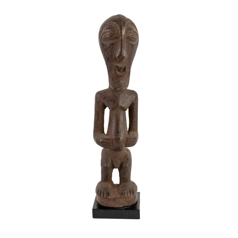 AFRICAN CONGO SONGYE ANCESTRAL MALE FIGURE: African Congo Songye Ancestral male figure sculpture carved wood, depicting male figure standing with hands on his stomach with elongated face, mouth agape, almond eyes, and strong chin, long torso