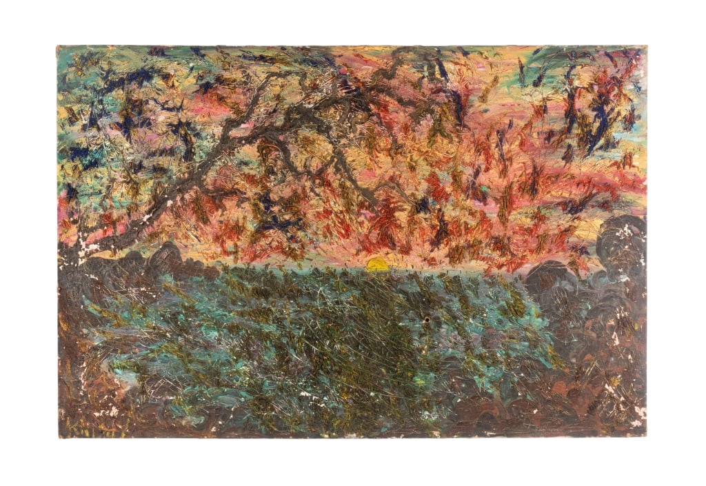 ABSTRACT LANDSCAPE PAINTING: Abstract landscape painting - oil on canvas, signed to LR, unframed. Approximate dimensions: h. 24", w. 36", d. 1" Disclaimer: Participating bidders must have a credit card on file with