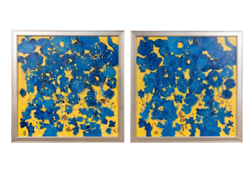PAIR OF MODERN ABSTRACT PAINTINGS: Pair of modern abstract paintings, acrylic on canvas, signed Bauyu to LR, framed. Approximate dimensions: h. 33.5", w. 33.5", d. 1.5" Disclaimer: Participating bidders must have a credit card on file