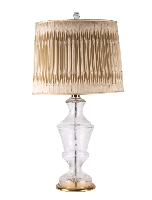 ETCHED GLASS TABLE LAMP: Etched glass table lamp. Approximate dimensions: h. 35", w. 19", d. 14.5" Disclaimer: Participating bidders must have a credit card on file with LiveAuctioneers in order for their bidding
