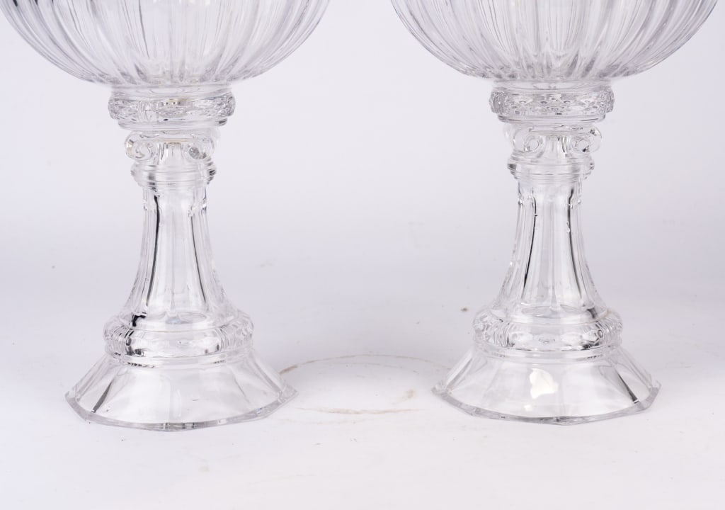 LARGE FLUTED GREEK STYLE GLASS COMPOTE PAIR - 3