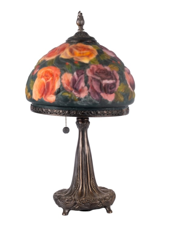 VINTAGE TIFFANY HAND PAINTED ROSE SHADE TABLE LAMP: Vintage Tiffany hand painted rose shade table lamp. Approximate dimensions: h. 21", dia. 12" Disclaimer: Participating bidders must have a credit card on file with LiveAuctioneers in order for their b
