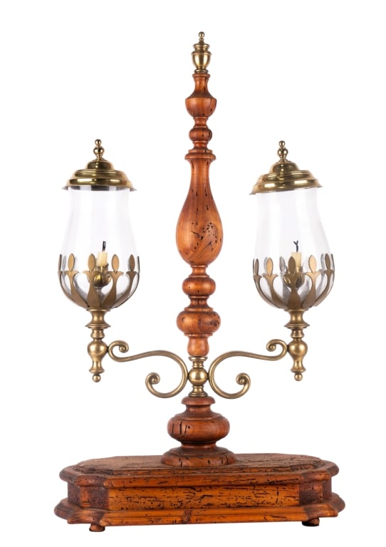 ANTIQUE ITALIAN BRASS & WOOD CANDELABRA: Antique Italian brass & wood candelabra. Approximate dimensions: h. 32", w. 18", d. 8.5" Disclaimer: Participating bidders must have a credit card on file with LiveAuctioneers in order for their