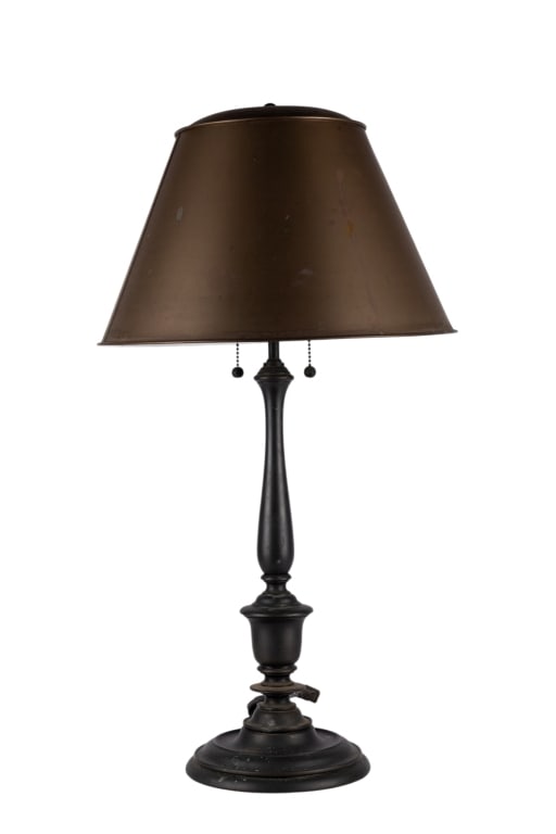 HEAVY BRONZE TABLE LAMP WITH BRASS SHADE: Heavy bronze table lamp with brass shade. Approximate dimensions: h. 28", dia. 15.25" Disclaimer: Participating bidders must have a credit card on file with LiveAuctioneers in order for their bidding 