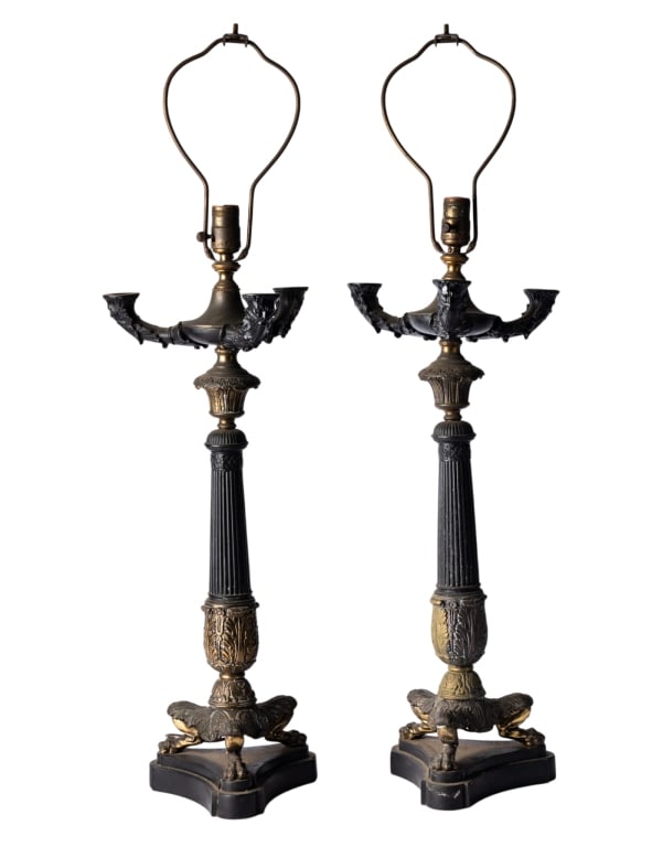 PAIR OF FRENCH EMPIRE STYLE TABLE LAMPS: Pair of French Empire Style table lamps. Approximate dimensions: h. 35.5", w. 10", d. 10" Disclaimer: Participating bidders must have a credit card on file with LiveAuctioneers in order for their