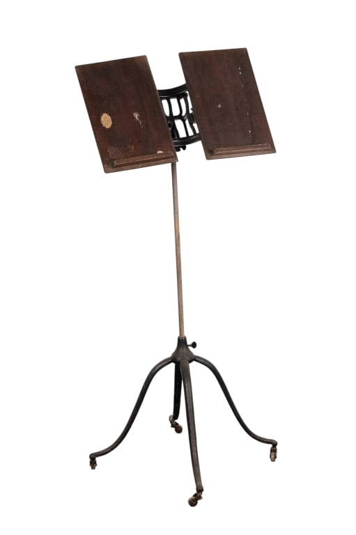 19TH C. THE COLUMBIA DICTIONARY BOOK STAND: 19th century The Columbia Dictionary book stand with rolling iron and wood. Approximate dimensions: h. 40", w. 21", d. 13" Disclaimer: Participating bidders must have a credit card on file with