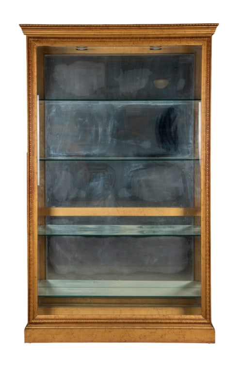 MODERN LIGHTED DISPLAY CABINET: Modern lighted display cabinet with 4 glass shelves. Approximate dimensions: h. 79", w. 49", d. 14" Disclaimer: Participating bidders must have a credit card on file with LiveAuctioneers in order for