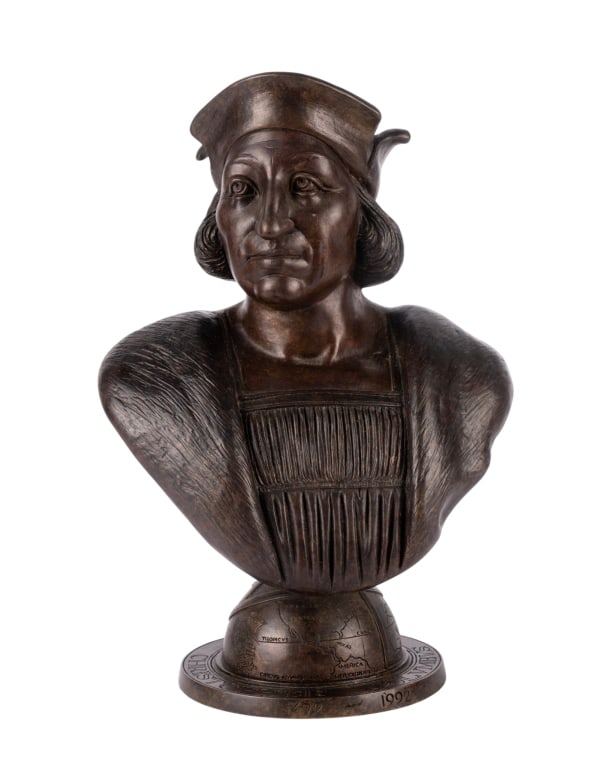 CHRISTOPHER COLUMBUS BRONZE BUST BY JOEL MEISNER STUDIOS INC.: Christopher Columbus bronze bust by Joel Meisner Studios Inc. Approximate dimensions: h. 13.5", w. 9", d. 6" Disclaimer: Participating bidders must have a credit card on file with LiveAuctioneers in