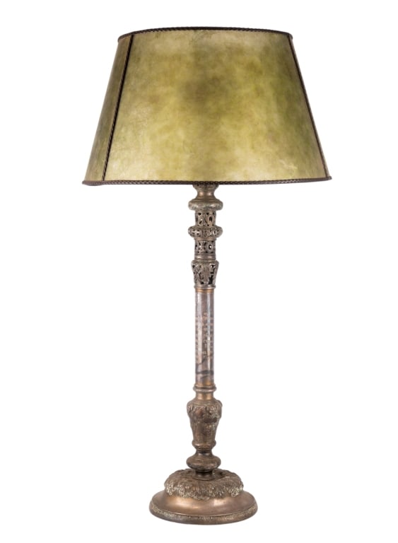REGENCY STYLE SILVER DOUBLE-BULB LAMP WITH ENGRAVED SURFACE: Regency style silver double-bulb lamp with finely textured engraved surface and silvered finish. Fitted with a mica shade. Approximate dimensions: h. 37.5", w. 8", d. 8" Disclaimer: Participating