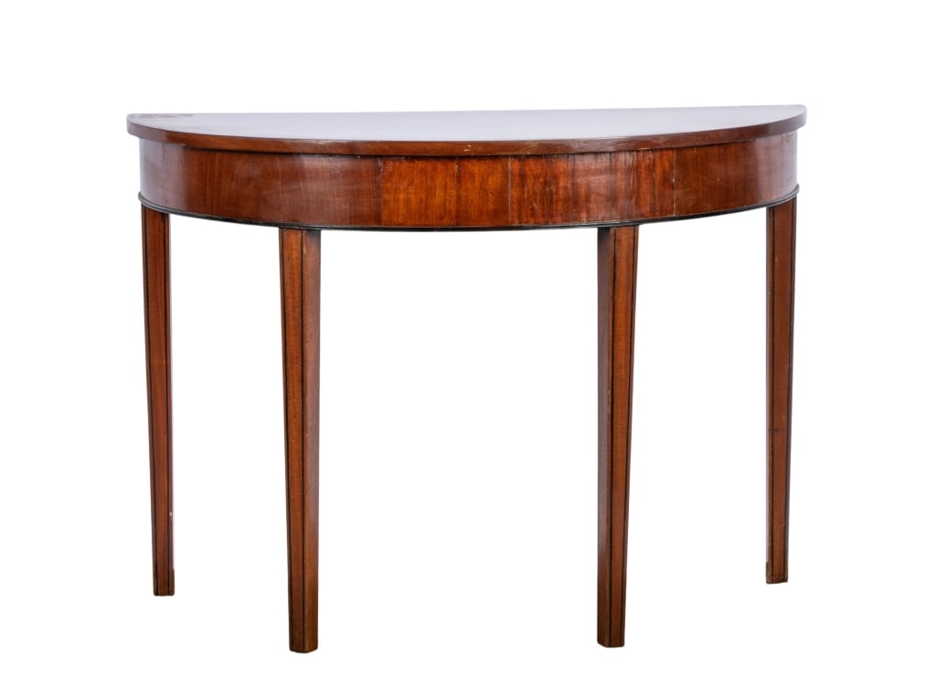 GEORGE III STYLE INLAID DEMILUNE CONSOLE TABLE: George III style inlaid demilune console table. Approximate dimensions: h. 29", w. 39.5", d. 18" Disclaimer: Participating bidders must have a credit card on file with LiveAuctioneers in order for