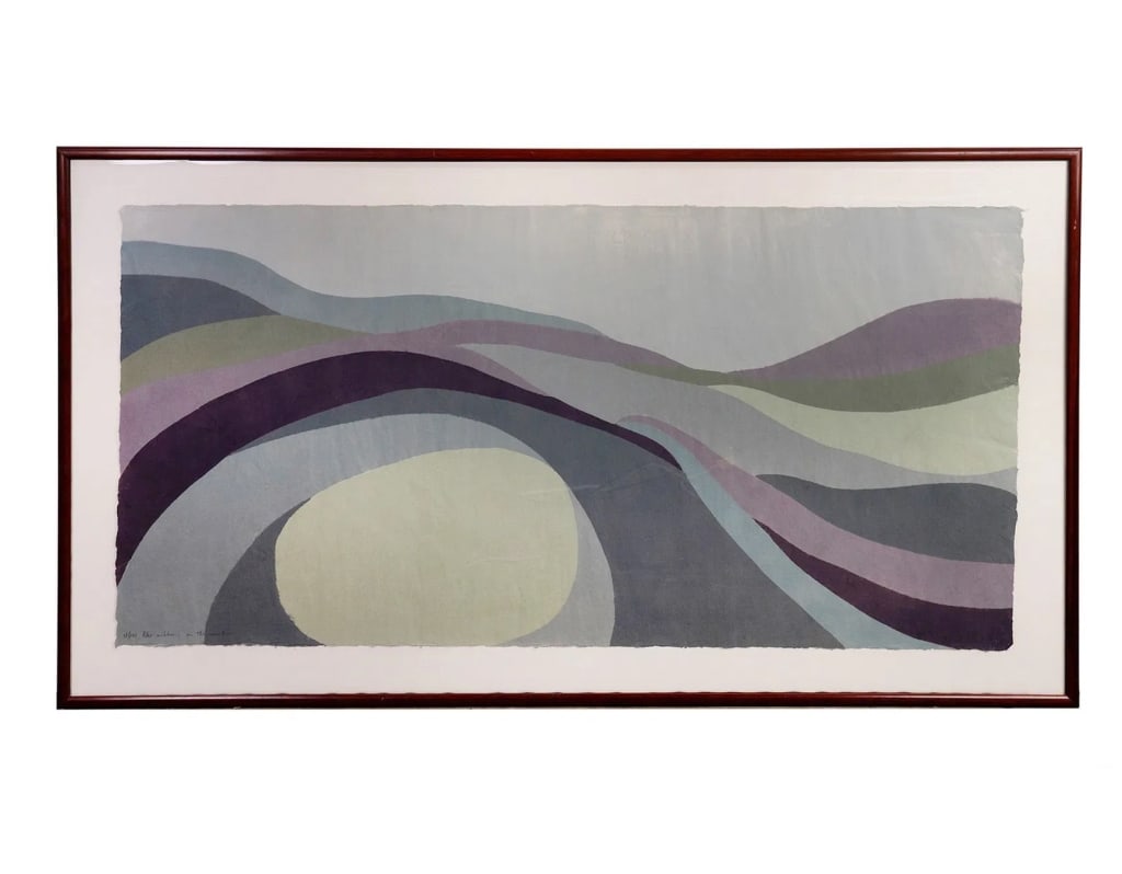 RICHARD KEMBLE 'LIKE RIBBONS ON THE SAND' WOODCUT: Richard Kemble (American, 1932-2007) woodcut print titled 'Like Ribbons on the Sand' depicting what appears to be an abstract landscape of rolling hills. Pencil signed lower right and titled & edition