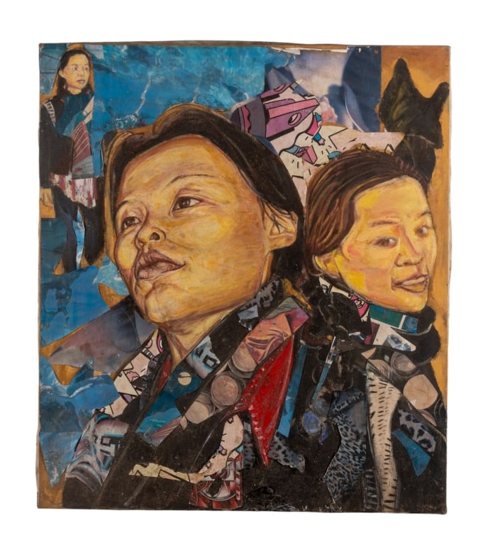 'DO NOT DISTURB' MM COLLAGE ON CANVAS, 2002: “Do Not Disturb” - 2002, MM collage on canvas, titled to verso, unframed. Approximate dimensions: h. 30", w. 26.5", d. 1.5" Disclaimer: Participating bidders must have a credit card on file