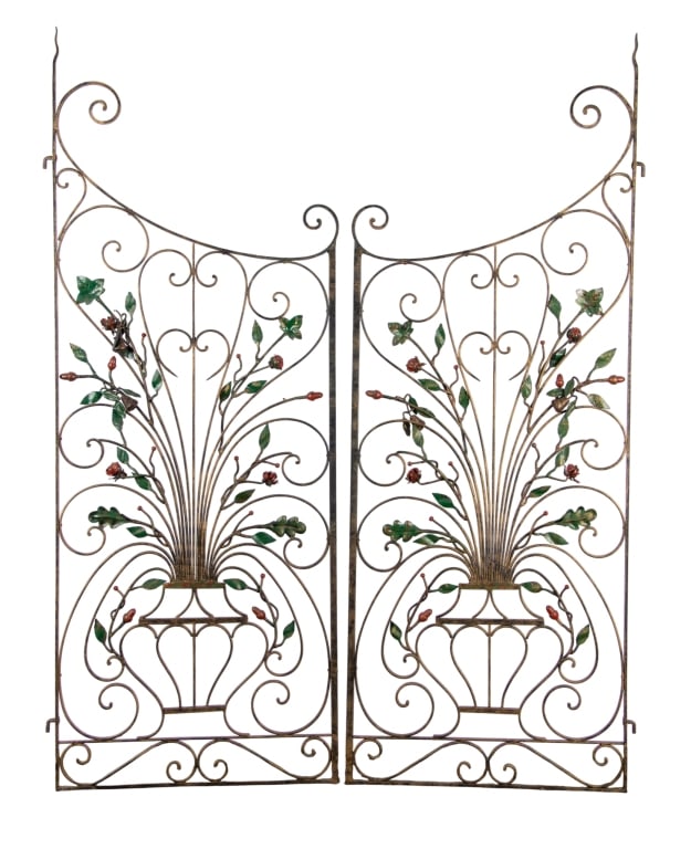 VINTAGE SCROLLED GARDEN GATES: Vintage scrolled garden gates with floral accents throughout. Approximate dimensions: one side h. 68", w. 25", d. 1" Disclaimer: Participating bidders must have a credit card on file with
