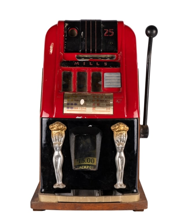 REPRODUCTION MILLS 25-CENT SLOT MACHINE: Reproduction Mills 25-cent slot machine. Approximate dimensions: h. 27", w. 16", d. 12" Disclaimer: Participating bidders must have a credit card on file with LiveAuctioneers in order for their