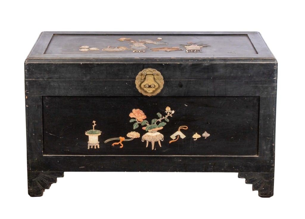 CHINESE BLACK LACQUER BLANKET CHEST: Chinese black lacquer blanket chest with hardstone accents. Approximate dimensions: h. 23.5", w. 39.5", d. 20" Disclaimer: Participating bidders must have a credit card on file with LiveAuctioneers