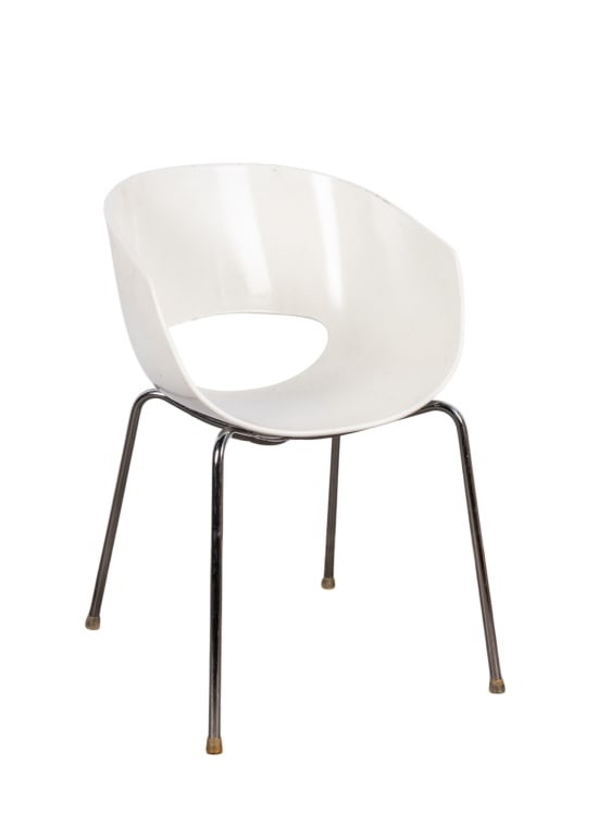 ITALIAN SINTESI ORBIT CHAIR: Italian, 20th century. Sintesi Orbit chair with white plastic seat and tubular chromed metal base, marked with manufacturer?s label. Approximate dimensions: h. 31", w. 21", d. 20" Disclaimer: