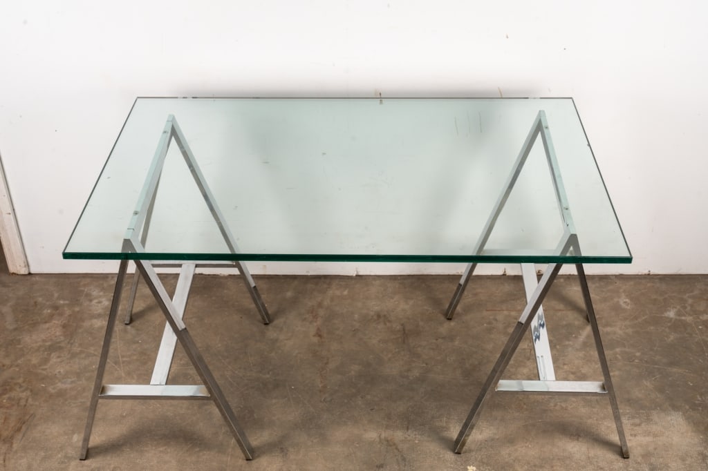 VINTAGE CHROME & GLASS MILO BAUGHMAN STYLE 'A-FRAME' DESK - 2