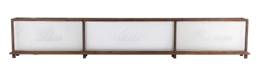 THE CUB ROOM GLASS & METAL SIGN: The Cub Room glass and metal sign. Approximate dimensions: h. 7", w. 41", d. 4" Disclaimer: Participating bidders must have a credit card on file with LiveAuctioneers in order for their bidding