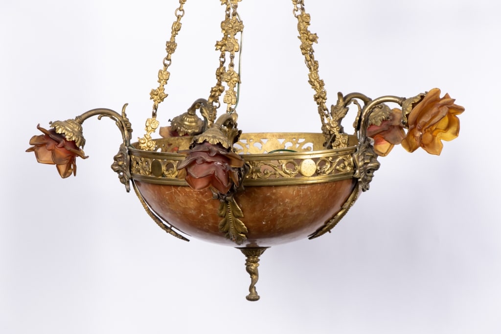 ART NOUVEAU BRASS & ALABASTER CHANDELIER - 2