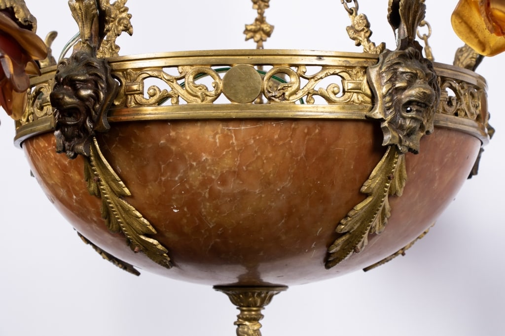 ART NOUVEAU BRASS & ALABASTER CHANDELIER - 9