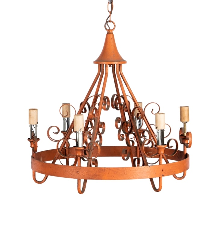 MODERN WROUGHT IRON CHANDELIER: Modern wrought iron chandelier. Approximate dimensions: h. 21.5", dia. 21" Disclaimer: Participating bidders must have a credit card on file with LiveAuctioneers in order for their bidding