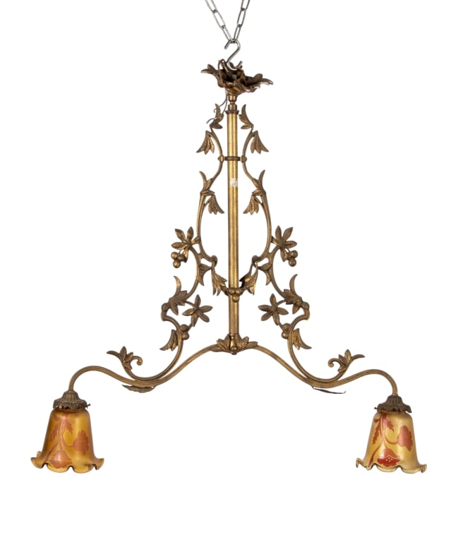 FRENCH ART NOUVEAU STYLE BRASS CHANDELIER: French Art Nouveau style brass chandelier with glass shades and floral motif. Approximate dimensions: h. 31", w. 31", d. 6" Disclaimer: Participating bidders must have a credit card on file with