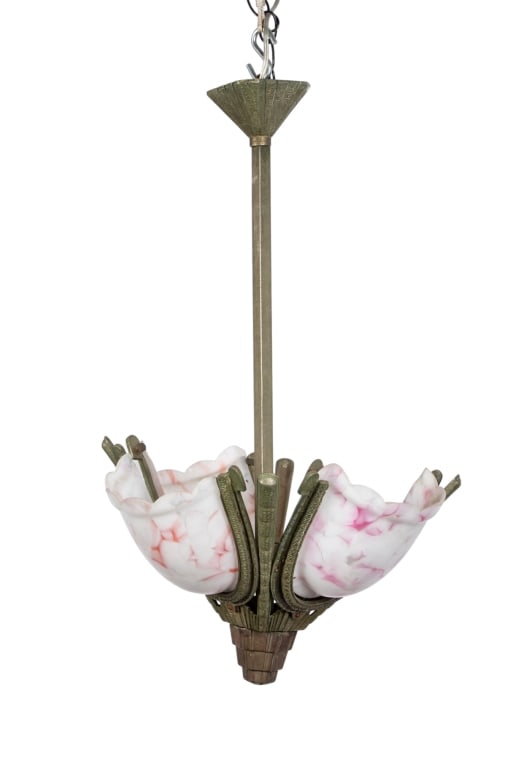 ART DECO STYLE FROSTED GLASS PENDANT LIGHT: Art Deco style 4-light frosted glass pendant light. Approximate dimensions: h. 26", dia. 17.5" Disclaimer: Participating bidders must have a credit card on file with LiveAuctioneers in order for