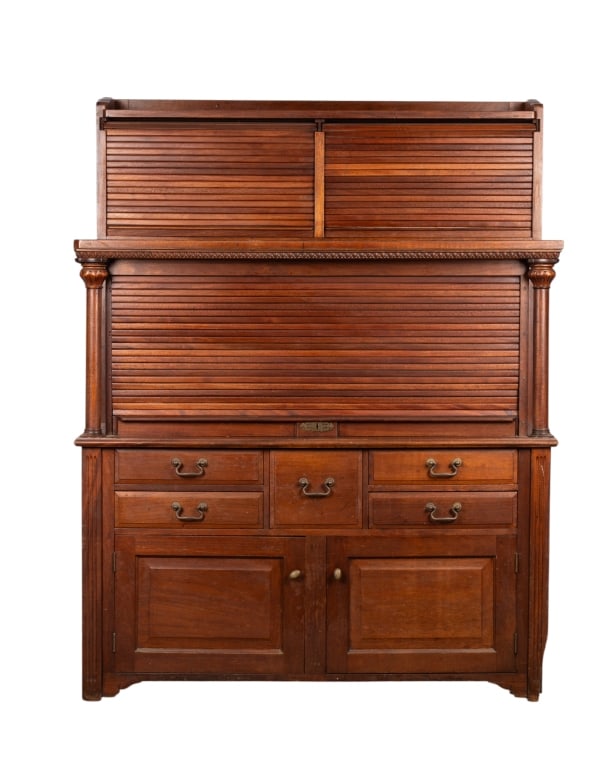 ANTIQUE MAHOGANY DENTAL CABINET: Antique mahogany dental cabinet with column supports. Approximate dimensions: h. 59.5", w. 45.5", d. 18" Disclaimer: Participating bidders must have a credit card on file with LiveAuctioneers in order