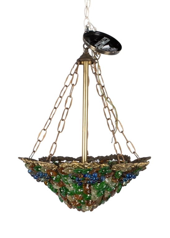 VINTAGE FLORAL & GRAPE MOTIF BRASS CHANDELIER: Vintage floral and grape motif brass chandelier. Approximate dimensions: h. 21", dia. 18" Disclaimer: Participating bidders must have a credit card on file with LiveAuctioneers in order for their