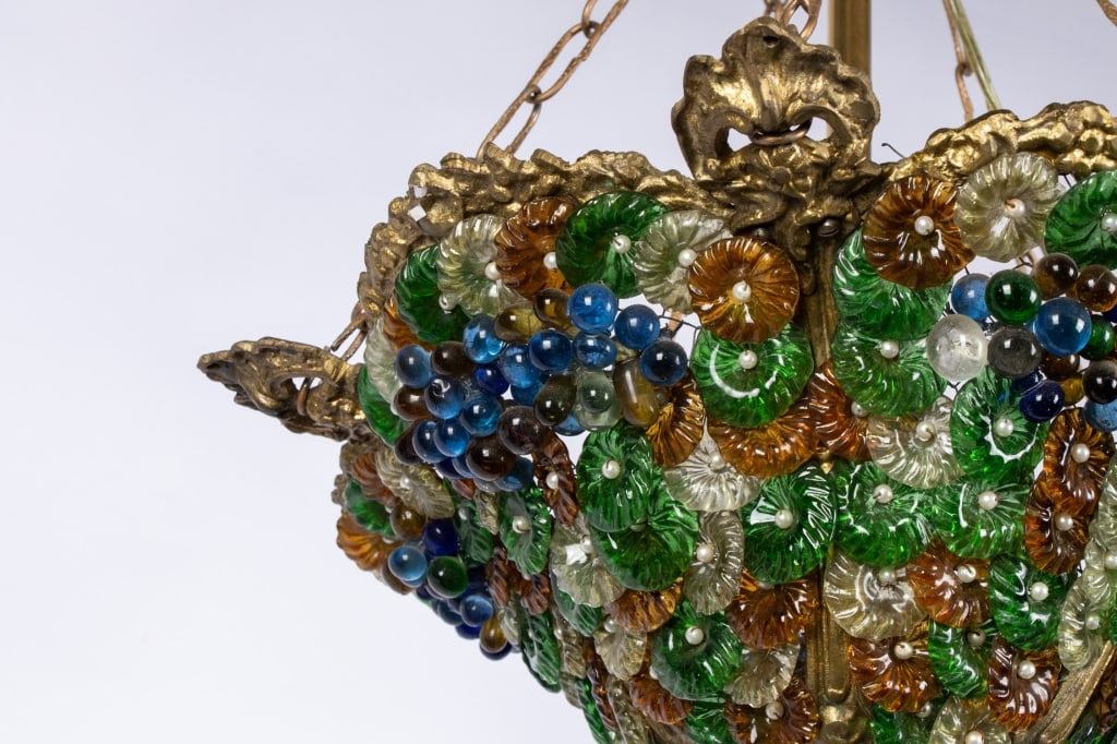 VINTAGE FLORAL & GRAPE MOTIF BRASS CHANDELIER - 7