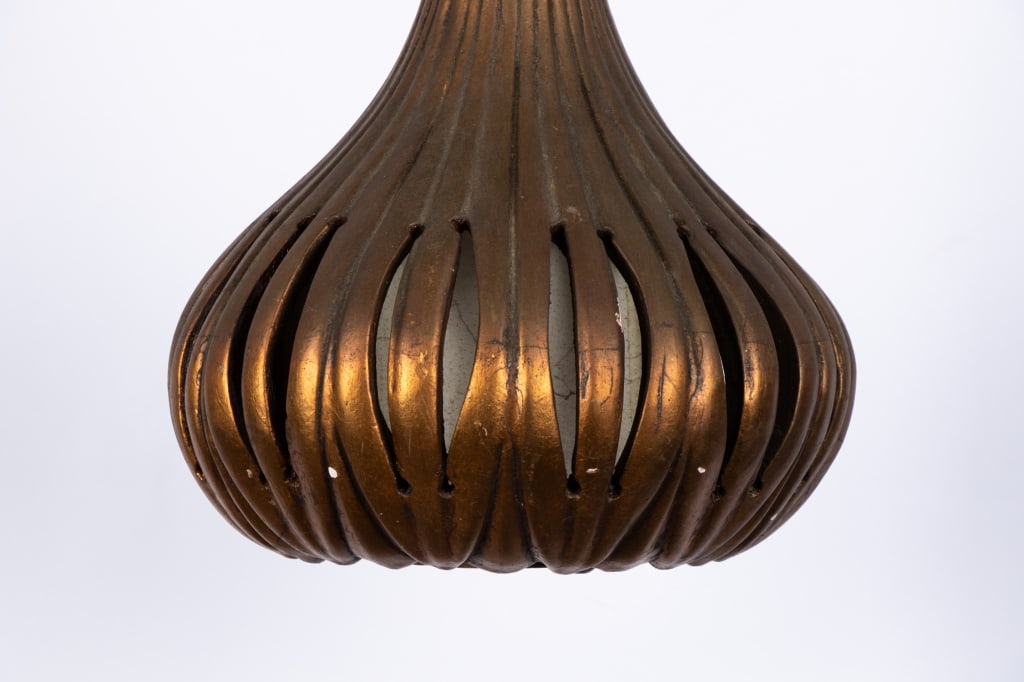 PAIR OF HOLLYWOOD REGENCY SHAG BRONZE TONE CERAMIC PENDANT LIGHTS - 3