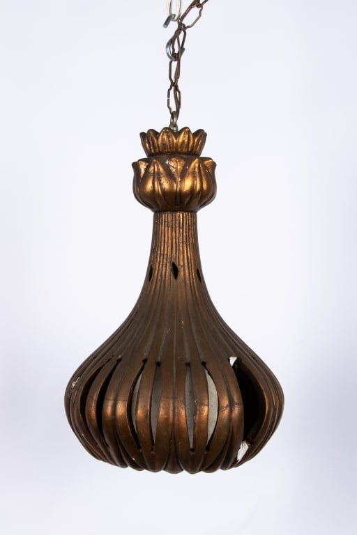 PAIR OF HOLLYWOOD REGENCY SHAG BRONZE TONE CERAMIC PENDANT LIGHTS - 5