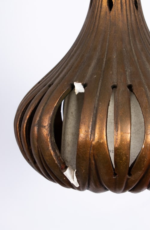 PAIR OF HOLLYWOOD REGENCY SHAG BRONZE TONE CERAMIC PENDANT LIGHTS - 6