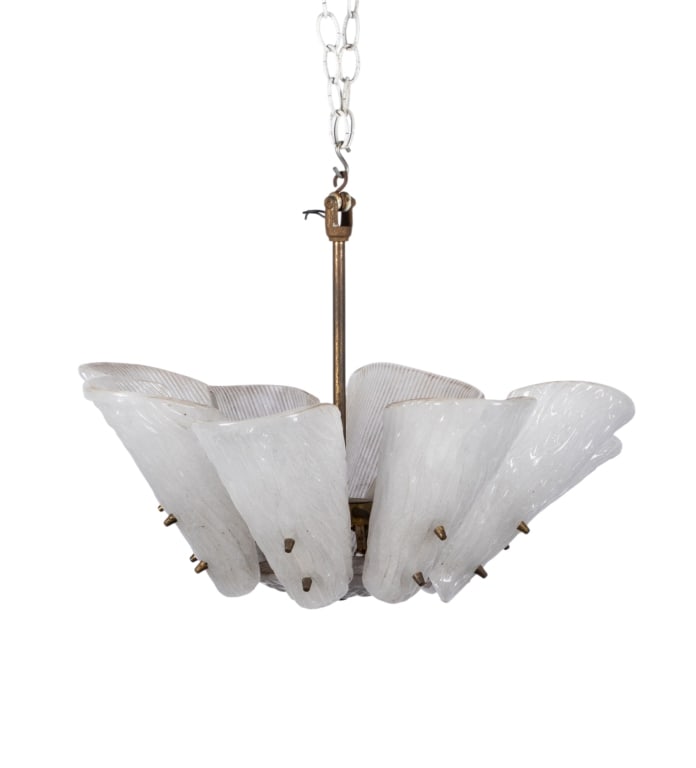 MID-CENTURY J. T. KALMAR STYLE GLASS CHANDELIER: Mid-century J.T. Kalmar style glass chandelier. Approximate dimensions: h. 17", dia. 21" Disclaimer: Participating bidders must have a credit card on file with LiveAuctioneers in order for their