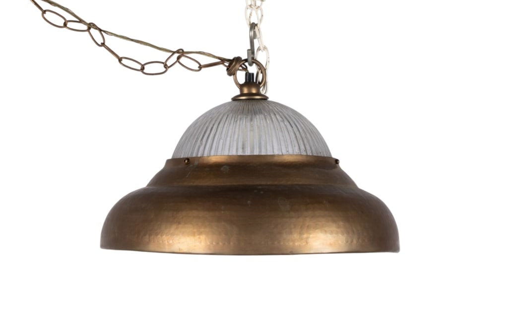 CONTEMPORARY RIBBED GLASS & BRASS PENDANT LIGHT: Contemporary ribbed glass and brass pendant light. Approximate dimensions: h. 11", dia. 16.5" Disclaimer: Participating bidders must have a credit card on file with LiveAuctioneers in order for their