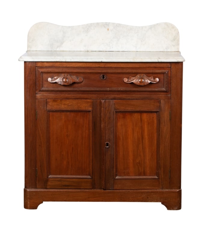 VICTORIAN MARBLE TOP WALNUT WASHSTAND: Victorian marble top walnut washstand. Approximate dimensions: h. 35", w. 31", d. 15.5" Disclaimer: Participating bidders must have a credit card on file with LiveAuctioneers in order for their