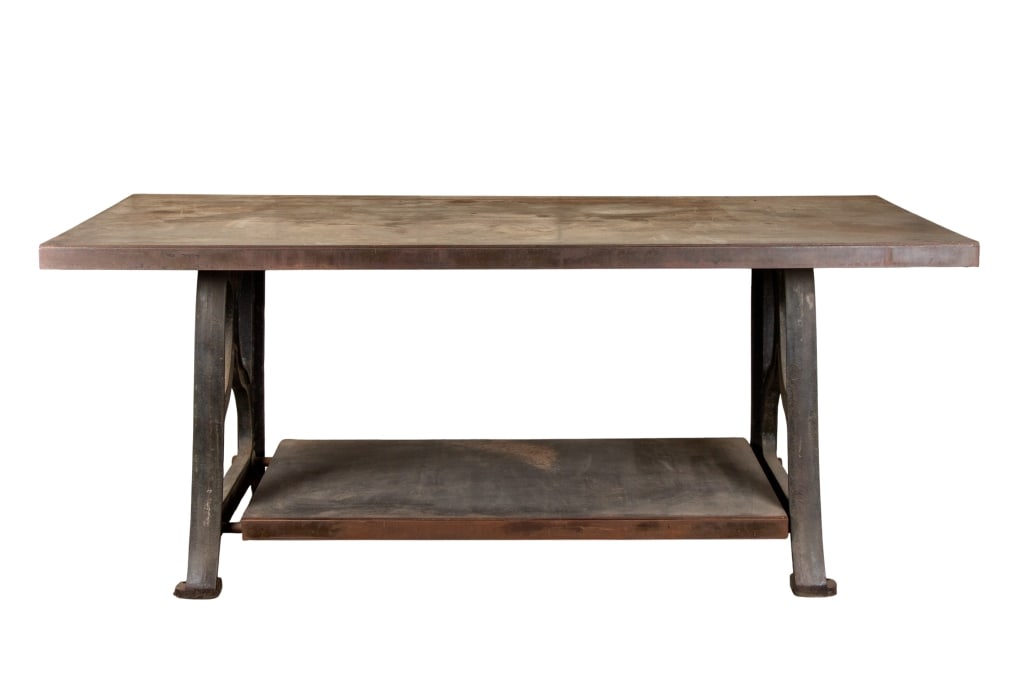 HEAVY INDUSTRIAL METAL WORK TABLE: Heavy industrial metal work table. Approximate dimensions: h. 34.75", w. 94", d. 42" Disclaimer: Participating bidders must have a credit card on file with LiveAuctioneers in order for their bidding