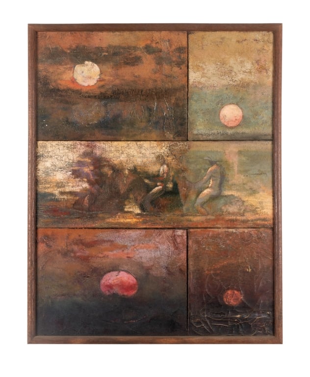 COMPOSITE WORK OF FIVE ABSTRACT PAINTINGS: Composite work of five abstract paintings. Titled to verso, dated 1966-1969 to verso, illegibly signed to verso. Framed. Approximate dimensions: h. 29.5", w. 23", d. 1.5" Disclaimer: Participating