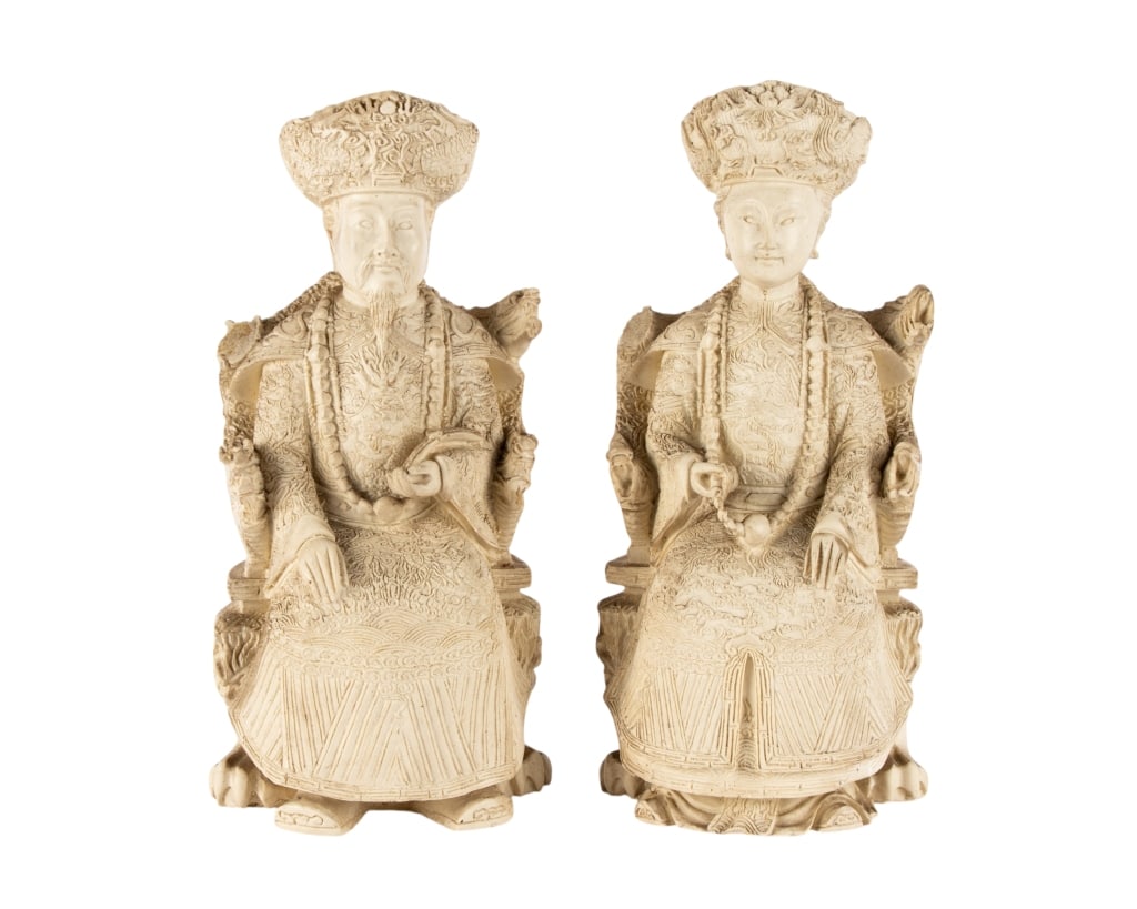 CHINESE EMPEROR & EMPRESS RESIN FIGURINES: Chinese emperor and empress resin figurines. Approximate dimensions: h. 11", w. 5.5", d. 4.5" Disclaimer: Participating bidders must have a credit card on file with LiveAuctioneers in order for their