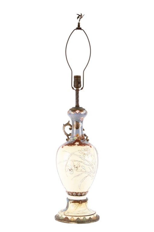 JAPANESE SATSUMA VASE MOUNTED AS LAMP: Japanese Satsuma vase mounted as lamp. Approximate dimensions: h. 37", dia. 8" Disclaimer: Participating bidders must have a credit card on file with LiveAuctioneers in order for their bidding registr