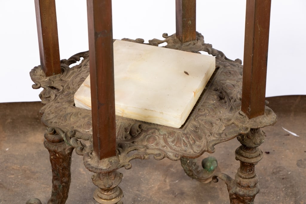 ANTIQUE BRASS & MARBLE TWO-TIER STAND - 4