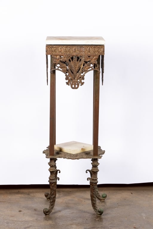 ANTIQUE BRASS & MARBLE TWO-TIER STAND - 5