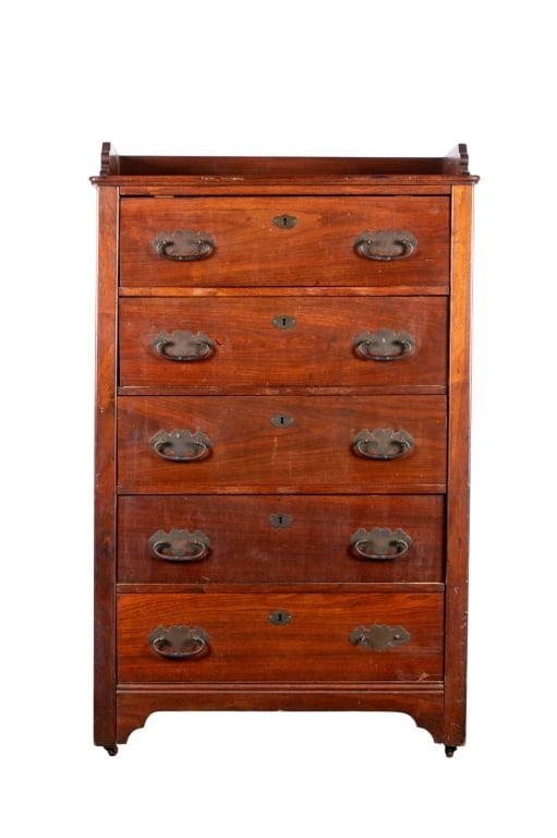 20TH CENTURY AMERICAN CHEST OF DRAWERS: American, 20th century. Chest of drawers with brass pulls and carved gallery, no key. Approximate dimensions: h. 55", w. 34", d. 20.5" Disclaimer: Participating bidders must have a credit card on
