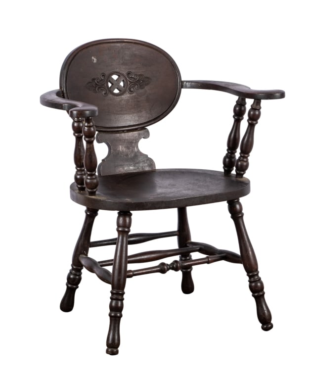 19TH CENTURY COLONIAL STYLE CAPTAIN?S CHAIR: 19th century Colonial style captain?s chair with stretcher base, carved back, and turned legs. Approximate dimensions: h. 32", w. 27", d. 21" Disclaimer: Participating bidders must have a credit card