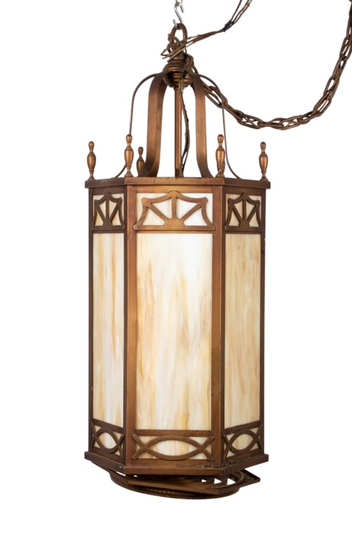 VINTAGE GOTHIC STYLE SLAG GLASS LANTERN: Vintage Gothic style slag glass lantern. Approximate dimensions: h. 42.5", dia. 17" Disclaimer: Participating bidders must have a credit card on file with LiveAuctioneers in order for their bidding