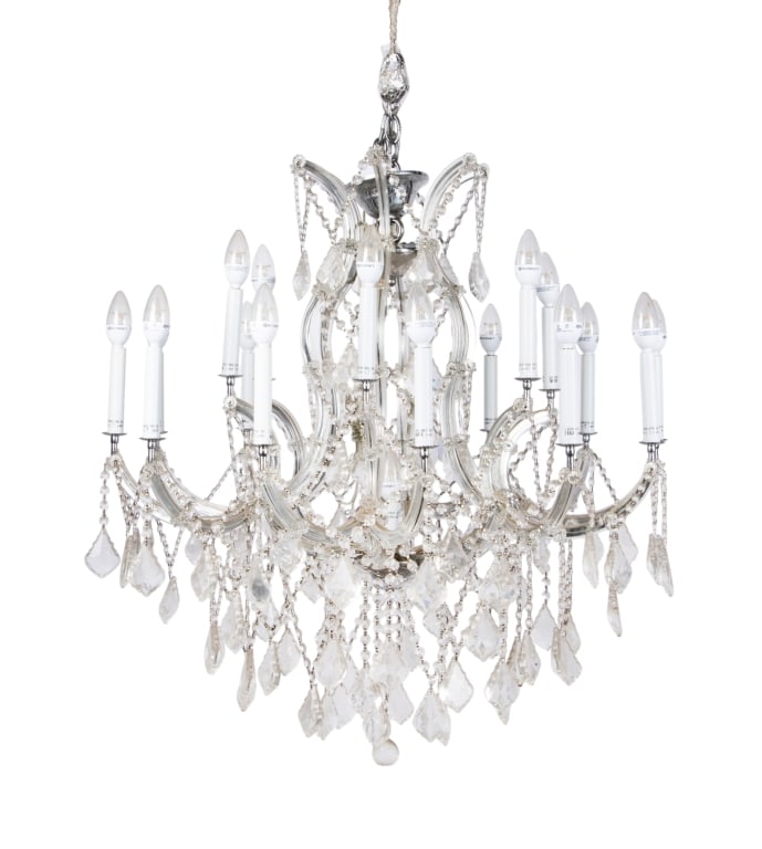 VENETIAN STYLE 18-LIGHT CRYSTAL CHANDELIER: Contemporary Venetian style 18-light crystal chandelier with floral motif and crystal strands, pendants, and bobeches. Approximate dimensions: h. 35", dia. 33" Disclaimer: Participating bidders must