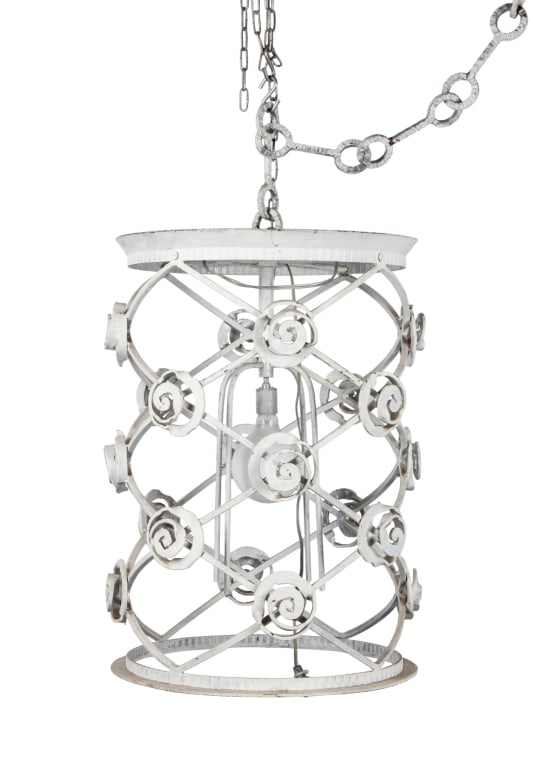 WHITE PAINTED IRON CHANDELIER WITH SWIRL DETAILS: White painted iron chandelier with swirl details. Approximate dimensions: h. 29", dia. 20" Disclaimer: Participating bidders must have a credit card on file with LiveAuctioneers in order for their