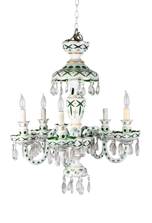 20TH CENTURY BOHEMIAN STYLE FLORAL MOTIF CHANDELIE: 20th century Bohemian style floral motif chandelier. Approximate dimensions: h. 32", dia. 27" Disclaimer: Participating bidders must have a credit card on file with LiveAuctioneers in order for their 