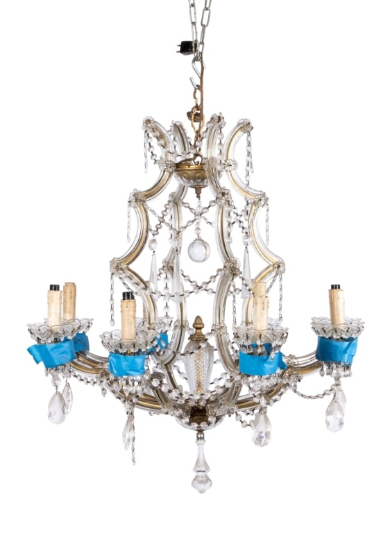 VENETIAN STYLE 8-LIGHT CHANDELIER: Venetian style 8-light chandelier with multiple tiers of crystal strings and floral accents throughout. Approximate dimensions: h. 30", dia. 26.5" Disclaimer: Participating bidders must have a credit